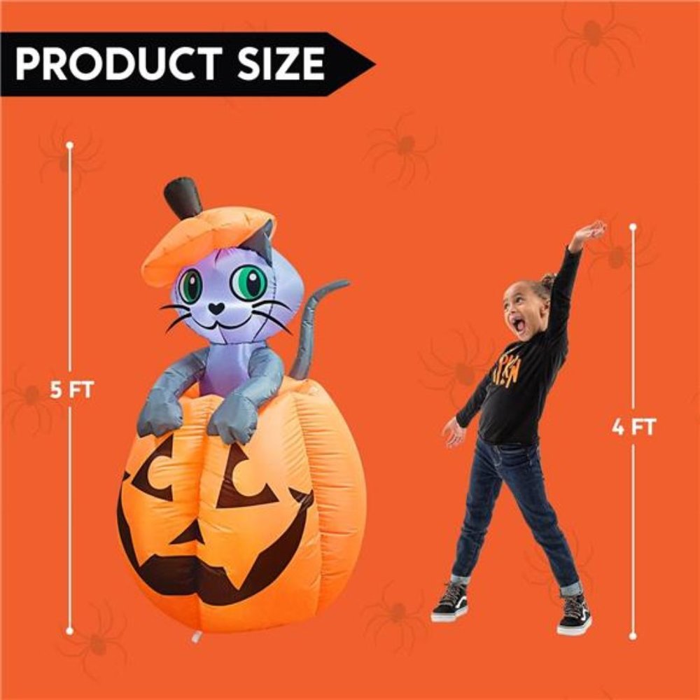 5 ft Tall Halloween Inflatable Animated Kitty Cat On Pumpkin Inflatable - Picture 5 of 6